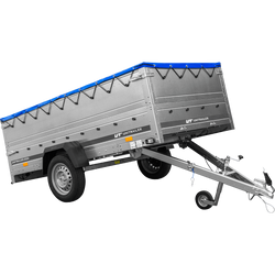 Großer Anhänger 750 kg GARDEN TRAILER 264 KIPP mit Bordwandaufsatz [zusätzliche 40 cm], Stützrad und blauer Flachplane