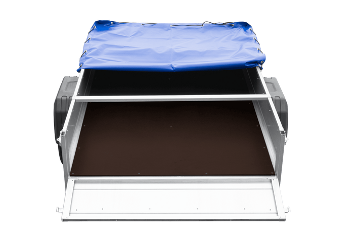PKW-Anhänger 200x125 UNITRAILER GARDEN 201 KIPP mit blauer Flachplane und Flachplanenträger