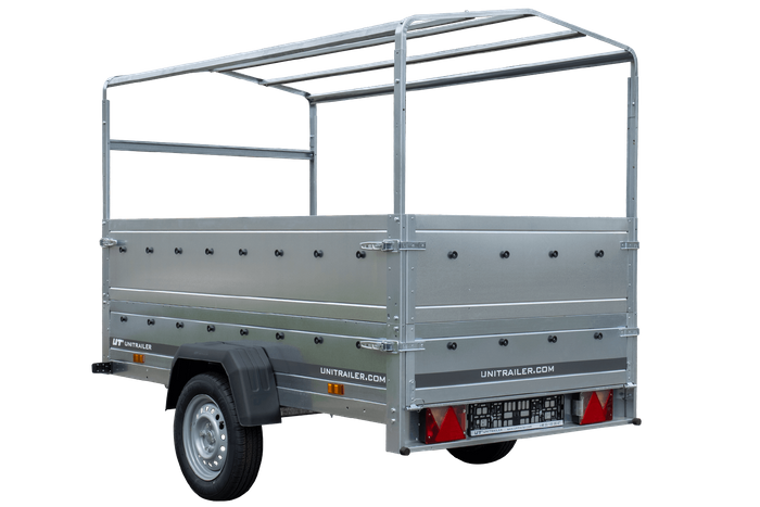 PKW-Anhänger 230x125 UNITRAILER GARDEN 230 KIPP mit Zusatzbordwändenund grauer Hochplane 80 cm