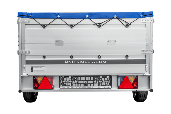 Einachsanhänger mit Aluminiumseitenwänden 264x125 Unitrailer Garden 264 KIPP ALU mit BIS-Seitenwänden, H-0-Rahmen und blauer Plane
