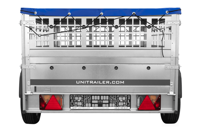 PKW-Anhänger auf Federn 200x125 UNITRAILER GARDEN 201/R KIPP mit Gitterwänden, H-0-Rahmen und blauer Plane