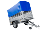 Leichter Anhänger 200x106 UNITRAILER GARDEN 200 KIPP mit Gitterwänden, H-800 Rahmen und blauer Plane