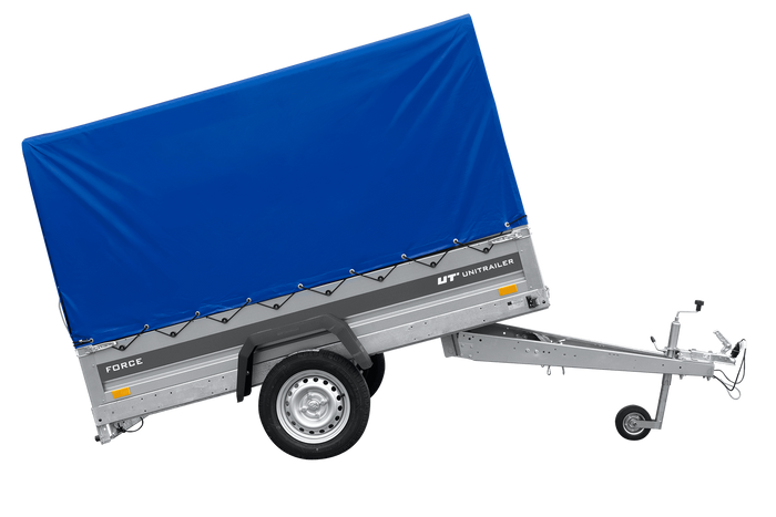 Ungebremster Anhänger 230x125 UNITRAILER FORCE 230 KIPP mit H-1100 Spriegel und blauer Hochplane