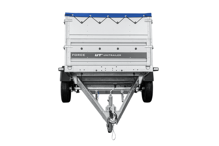 Autotransportanhänger auf Federn 230x125 UNITRAILER FORCE 230/R KIPP mit BIS-Seitenwänden, H-0-Rahmen und blauer Plane