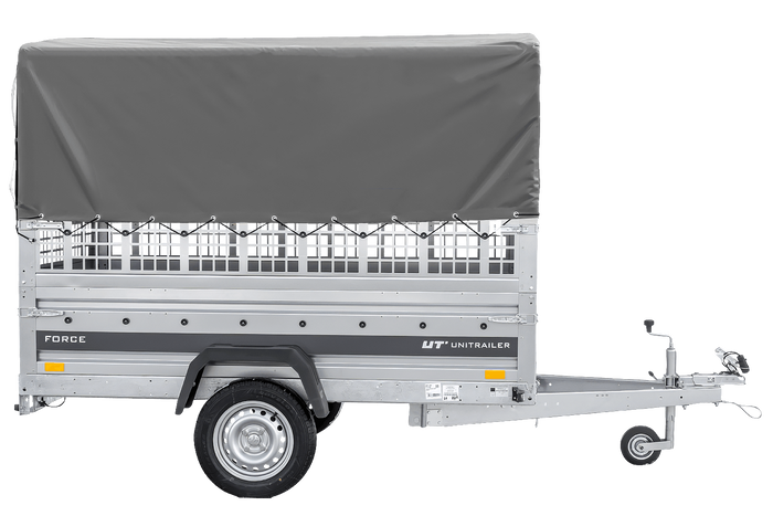Einachsanhänger 230x125 UNITRAILER FORCE 230 KIPP mit Gitterseitenwänden, H-800 Rahmen und grauer Plane