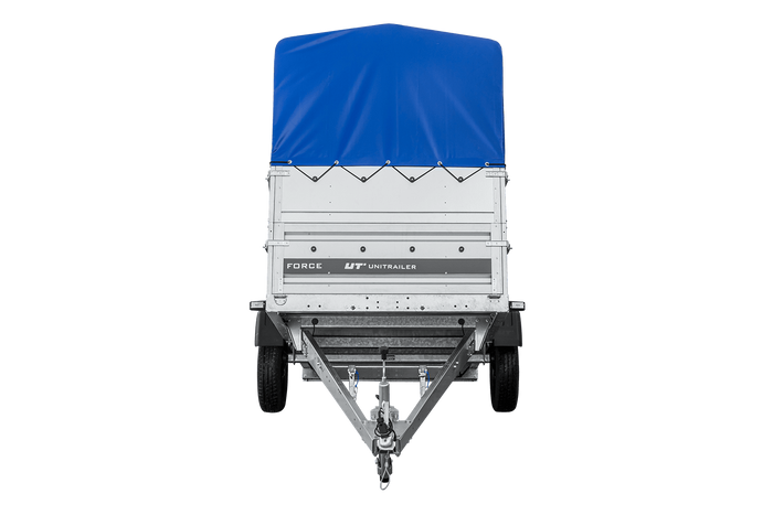 Autotransportanhänger 230x125 UNITRAILER FORCE 230 KIPP mit BIS-Seitenwänden, H-800-Rahmen und blauer Plane