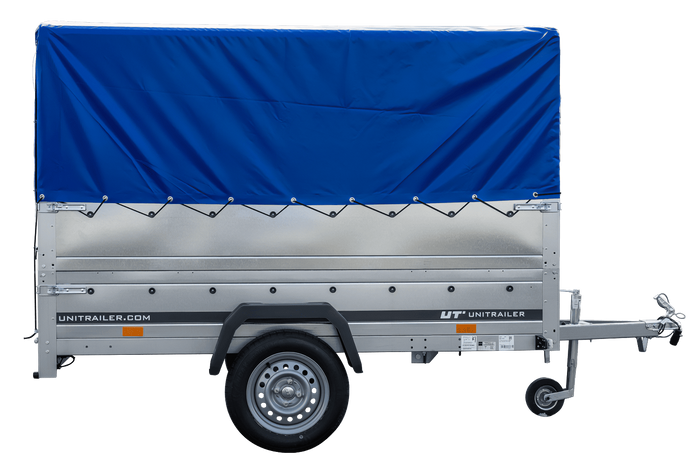 PKW-Anhänger 230x125 UNITRAILER GARDEN 230 KIPP mit Zusätzbordwänden und blauer Hochplane