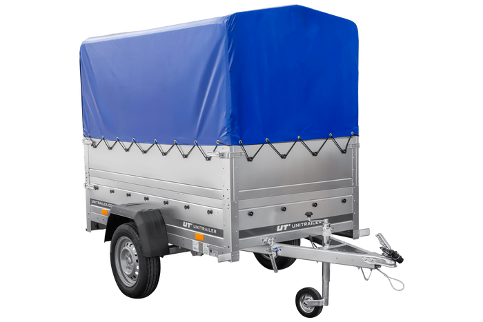 Autotransportanhänger 200x106 UNITRAILER GARDEN 200 KIPP mit BIS-Seitenwänden, H-800-Rahmen und blauer Plane