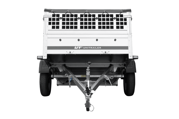 PKW-Anhänger 200x125 UNITRAILER GARDEN 201 KIPP mit Gitteraufsatz und grauer Flachplane
