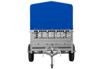 PKW-Anhänger 200x125 UNITRAILER GARDEN 201 KIPP mit Gitteraufsatz und blauer Hochplane