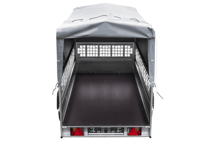 1-Achs-Anhänger GARDEN TRAILER 264 KIPP mit Laubgitteraufsatz, grauer Hochplane, Hochspriegel und Stützrad