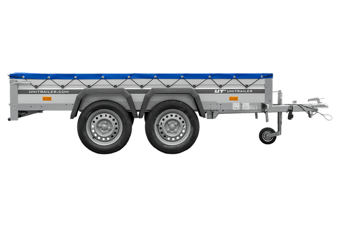 Zweiachsiger Anhänger mit Aluminiumseitenwänden 264x125 Unitrailer Garden 264/2 KIPP ALU mit H-0-Rahmen und blauer Plane