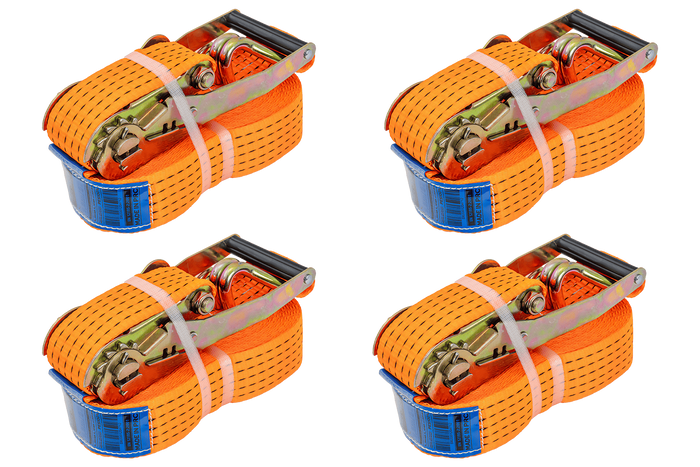 Satz aus vier UNITRAILER 10m/50mm/5t orangefarbenen Transportgurten mit Spannvorrichtung