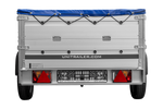 Einachsanhänger mit Aluminiumseitenwänden 230x125 Unitrailer Garden 230 KIPP ALU mit BIS-Seitenwänden, H-0-Rahmen und blauer Plane