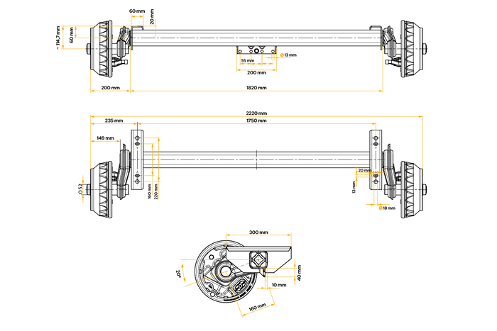 KNOTT VGB18MV gebremste Achse für Anhänger/Träger 1800 kg 1750 mm 2220 mm 5x112