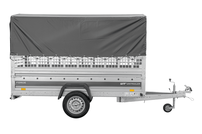 Autotransportanhänger 264x125 UNITRAILER FORCE 264 KIPP mit Gitterwänden, H-800 Rahmen und grauer Plane