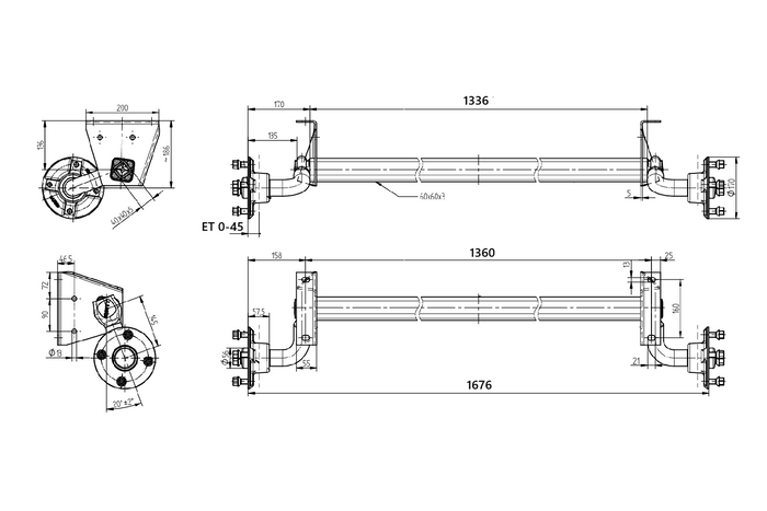 KNOTT VG7-L ungebremste Achse für Anhänger 750 kg 1360 mm 1676 mm 4x130