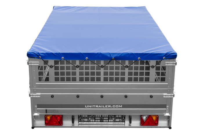 Anhänger 264x150 UNITRAILER GARDEN 265 KIPP mit Gitteraufsatz, Flachplanenträgern und blauer Plane