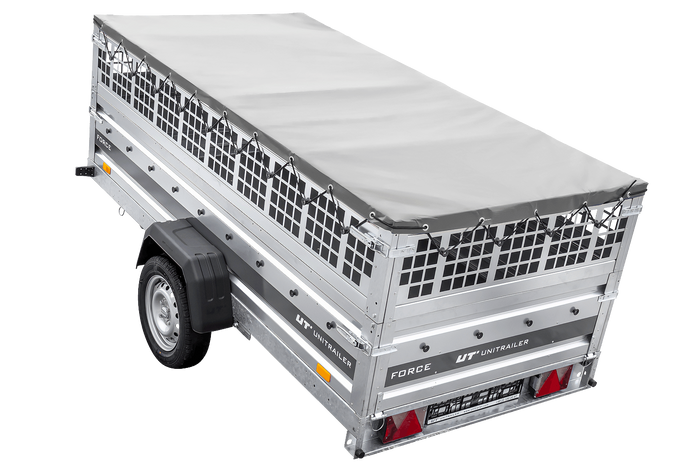 Einachsiger Anhänger auf Blattfedern 264x125 UNITRAILER FORCE 264/R KIPP mit Gitterseitenwänden, H-0-Rahmen und grauer Plane