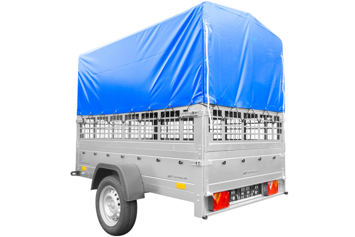 Einachsanhänger auf Federn 200x125 UNITRAILER GARDEN 201/R KIPP mit Gitterwänden, H-800-Rahmen und blauer Plane