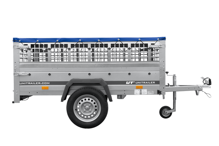 PKW-Anhänger 200x125 UNITRAILER GARDEN 201 KIPP mit Gitteraufsatz, blauer Flachplane und Flachplanenträger