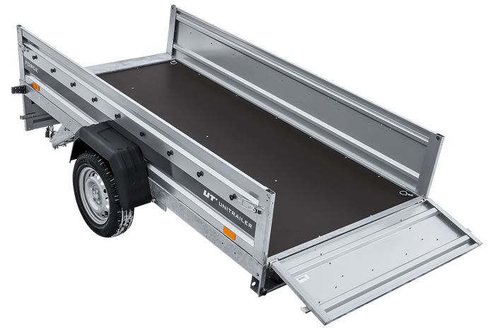 Einachsiger Anhänger auf Blattfedern 264x125 UNITRAILER FORCE 264/R KIPP mit Gitterseitenwänden, H-0-Rahmen und blauer Plane