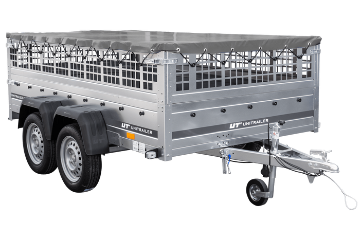 Leichter Anhänger 264x150 UNITRAILER GARDEN 265/2 KIPP mit Gitterwänden, H-0-Rahmen und grauer Plane