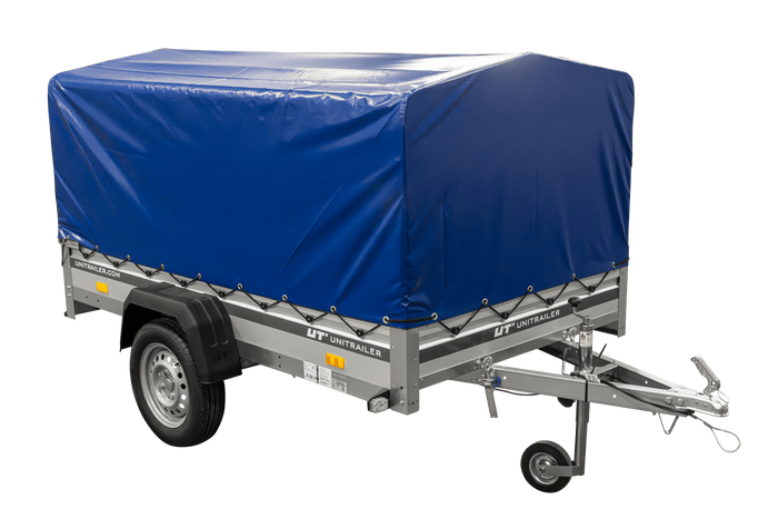 Einachsanhänger mit Aluminiumseitenwänden 230x125 Unitrailer Garden 230 KIPP ALU mit H-800 Rahmen und blauer Plane