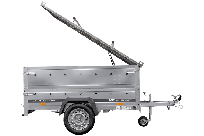 Einachsiger Anhänger auf Blattfedern 230x125 UNITRAILER GARDEN 230/R KIPP mit BIS-Seitenwänden und Aluminiumabdeckung