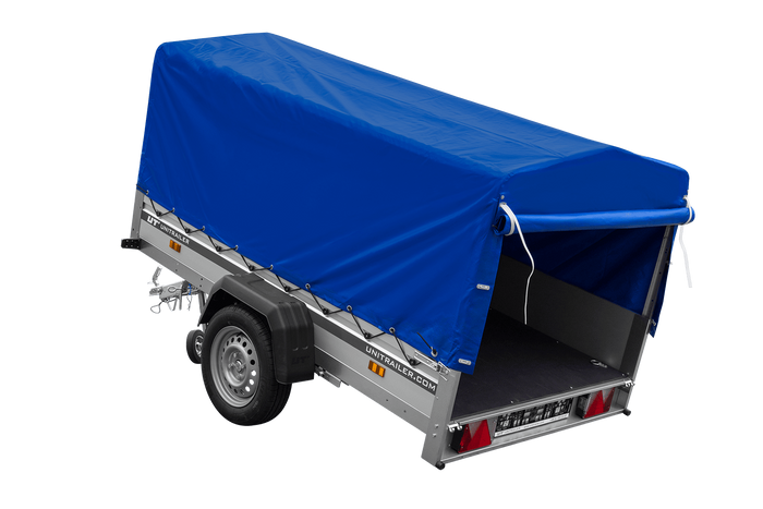Einachsiger Anhänger auf Blattfedern mit Aluminiumseitenwänden 230x125 Unitrailer Garden 230/R KIPP ALU mit H-800 Rahmen und blauer Plane